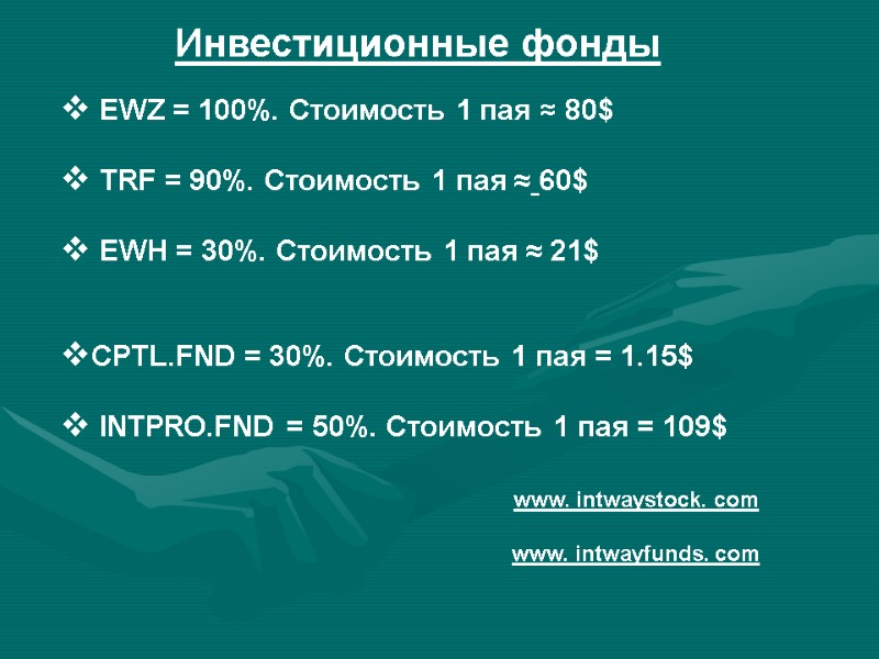 EWZ = 100%. Стоимость 1 пая ≈ 80$   TRF = 90%. Стоимость